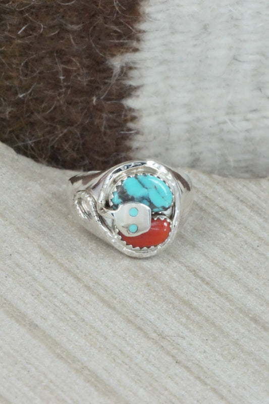 Turquoise, Coral & Sterling Silver Ring - Joy Calavaza - Size 8