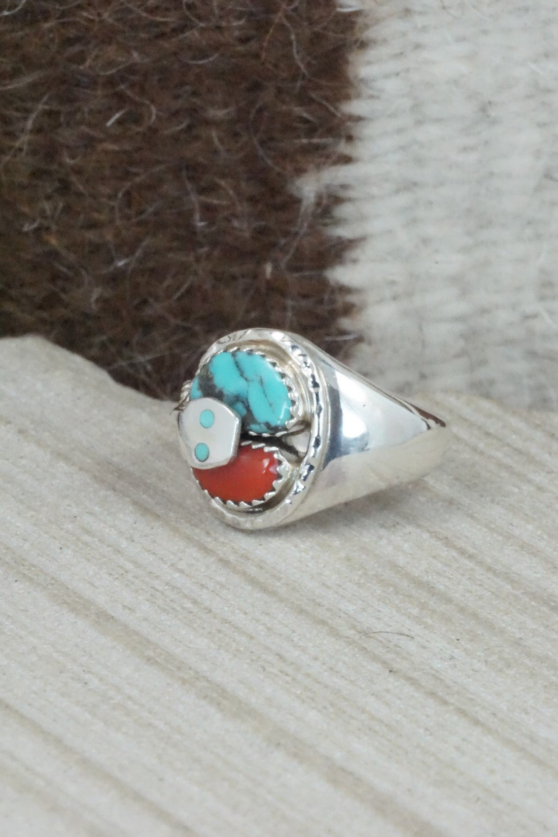 Turquoise, Coral & Sterling Silver Ring - Joy Calavaza - Size 8