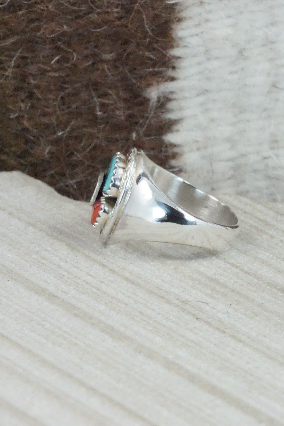 Turquoise, Coral & Sterling Silver Ring - Joy Calavaza - Size 8