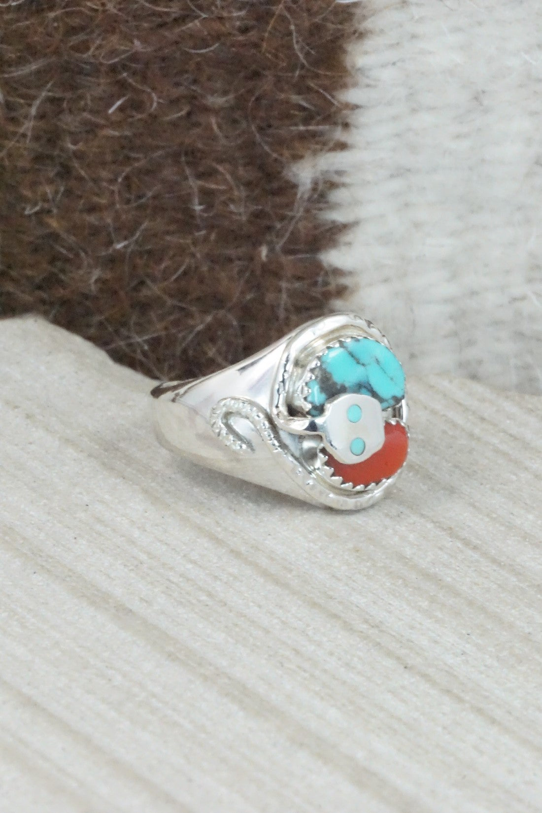 Turquoise, Coral & Sterling Silver Ring - Joy Calavaza - Size 8