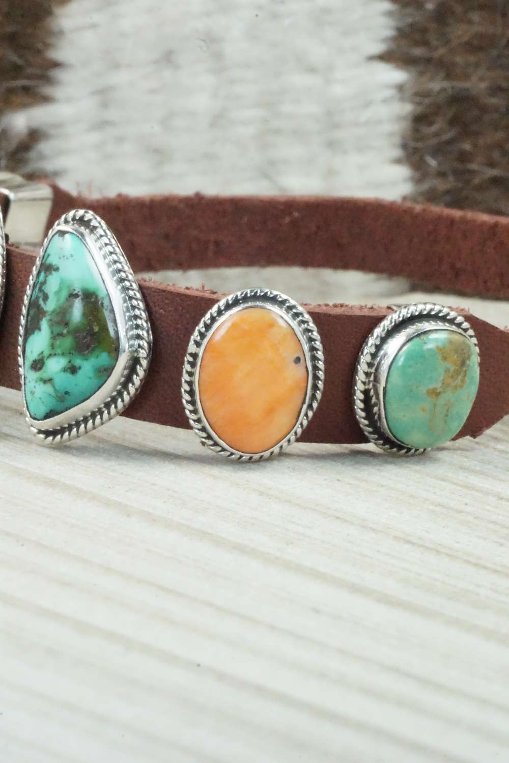 Multi Stone & Sterling Silver Leather Bracelet - Bonnie Willie