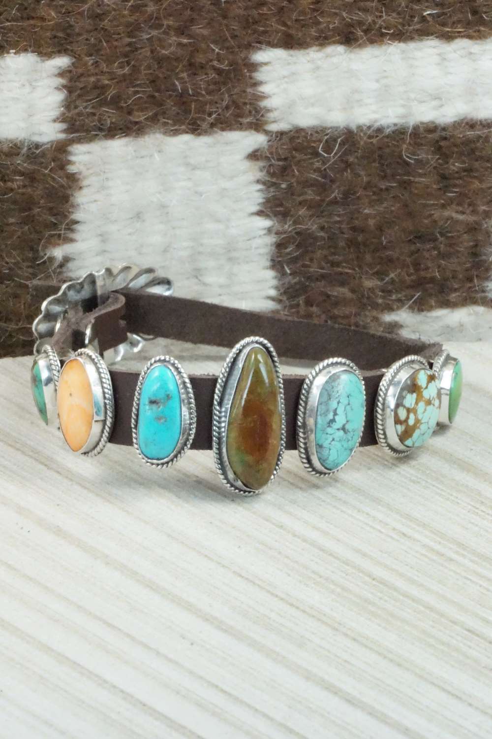 Multi Stone & Sterling Silver Leather Bracelet - Navajo