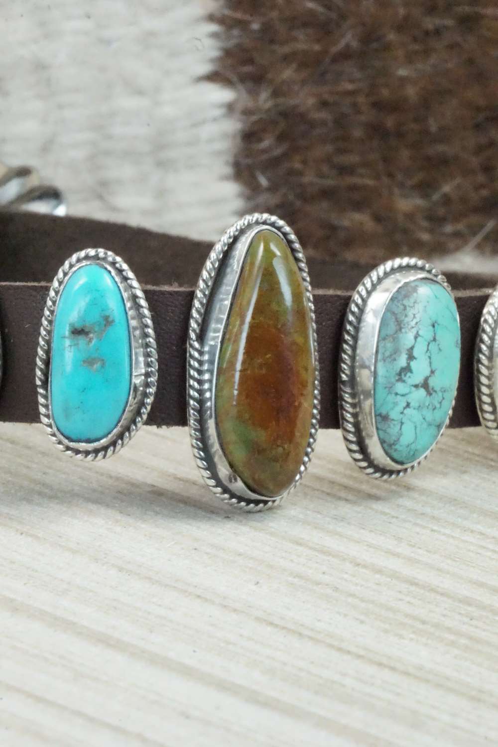 Multi Stone & Sterling Silver Leather Bracelet - Navajo