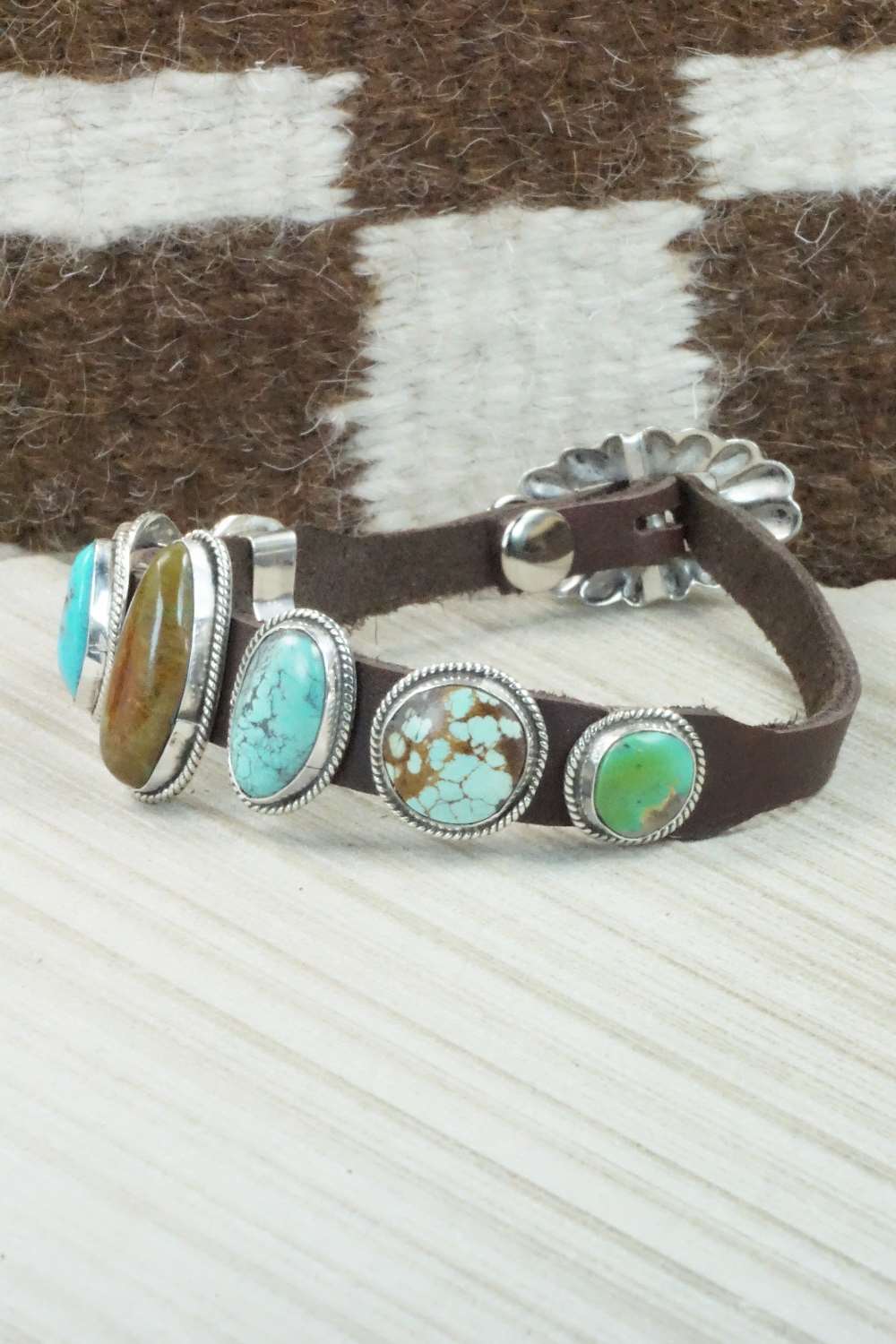 Multi Stone & Sterling Silver Leather Bracelet - Navajo