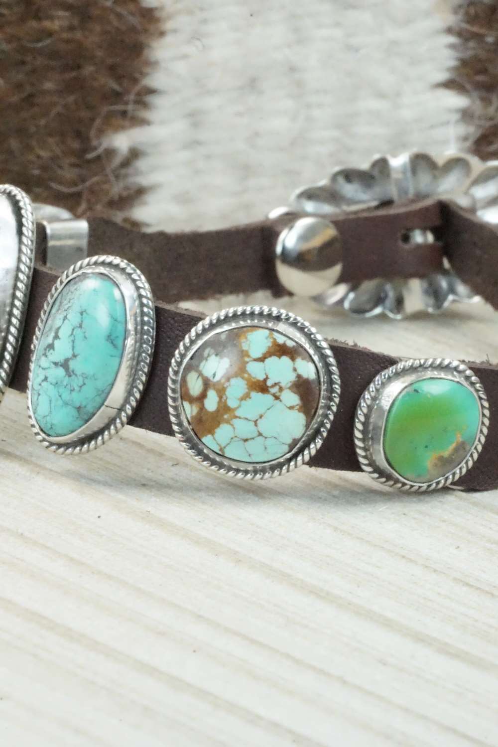 Multi Stone & Sterling Silver Leather Bracelet - Navajo