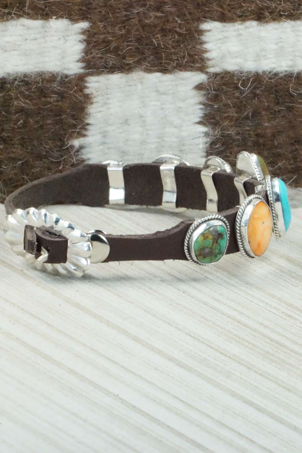 Multi Stone & Sterling Silver Leather Bracelet - Navajo