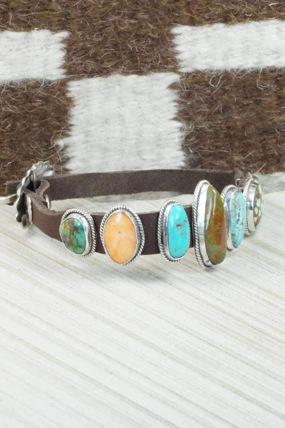 Multi Stone & Sterling Silver Leather Bracelet - Navajo