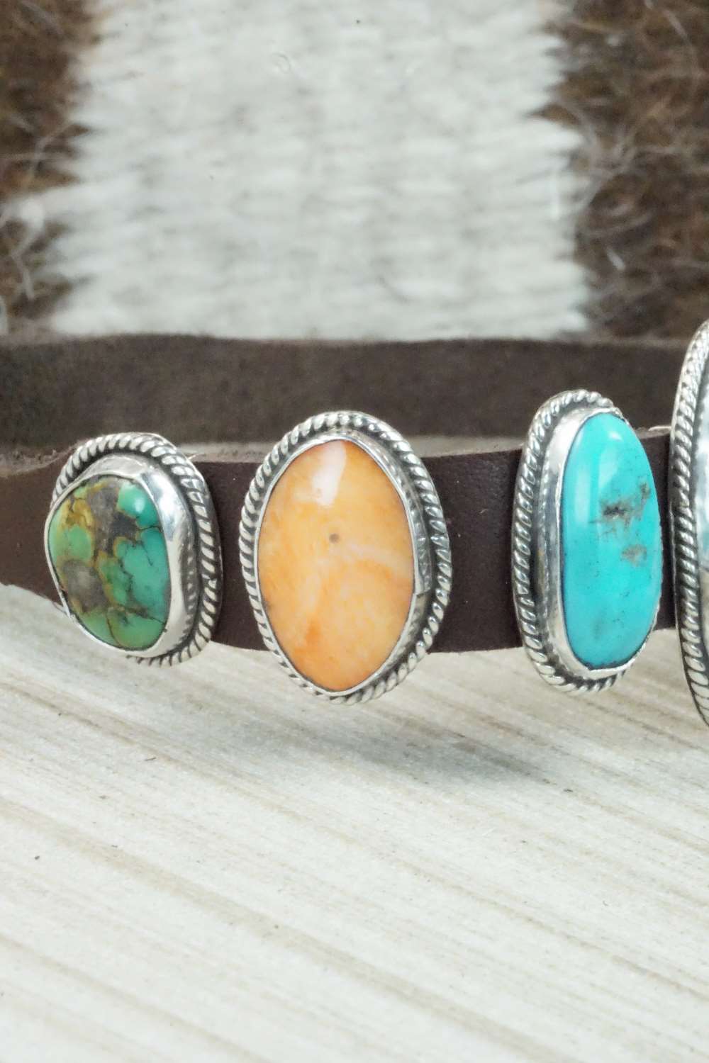 Multi Stone & Sterling Silver Leather Bracelet - Navajo