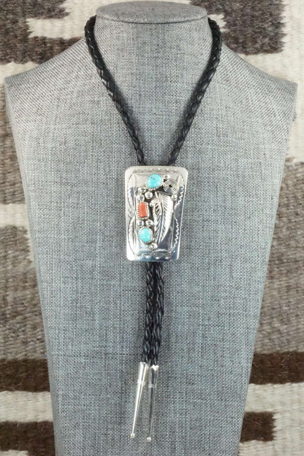 Turquoise, Coral & Sterling Silver Bolo Tie - Wilbur Myers