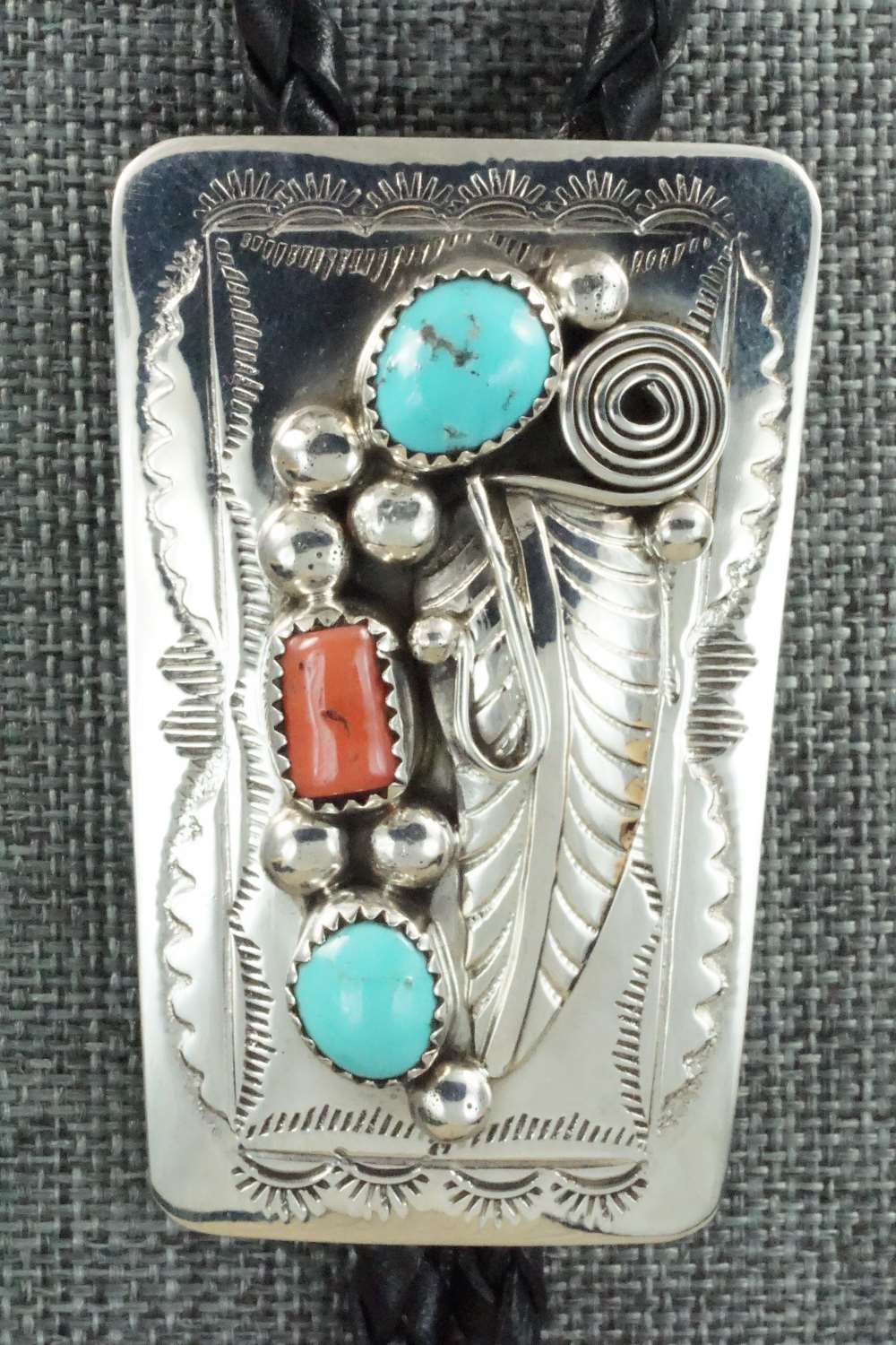 Turquoise, Coral & Sterling Silver Bolo Tie - Wilbur Myers