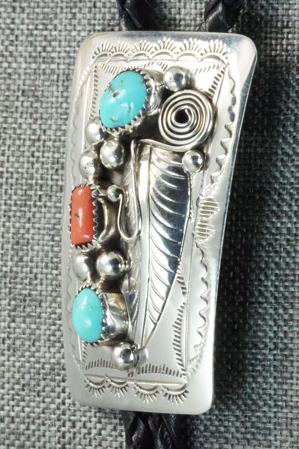 Turquoise, Coral & Sterling Silver Bolo Tie - Wilbur Myers