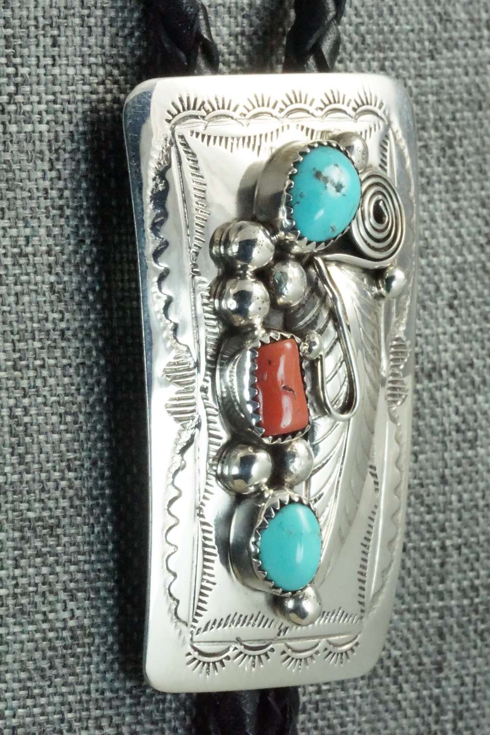 Turquoise, Coral & Sterling Silver Bolo Tie - Wilbur Myers