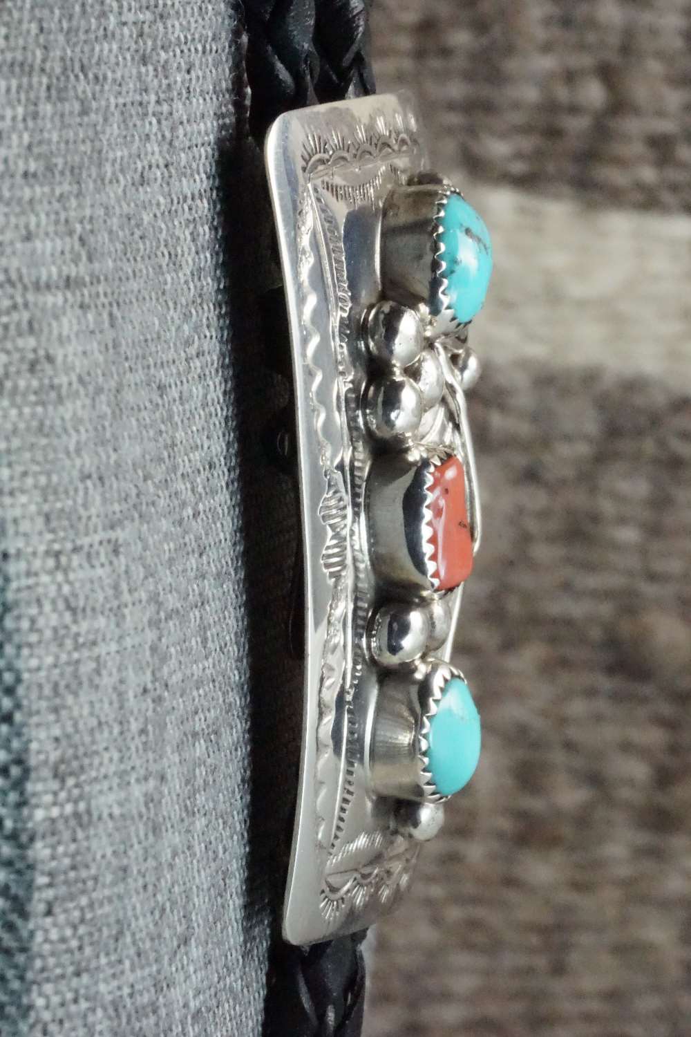 Turquoise, Coral & Sterling Silver Bolo Tie - Wilbur Myers