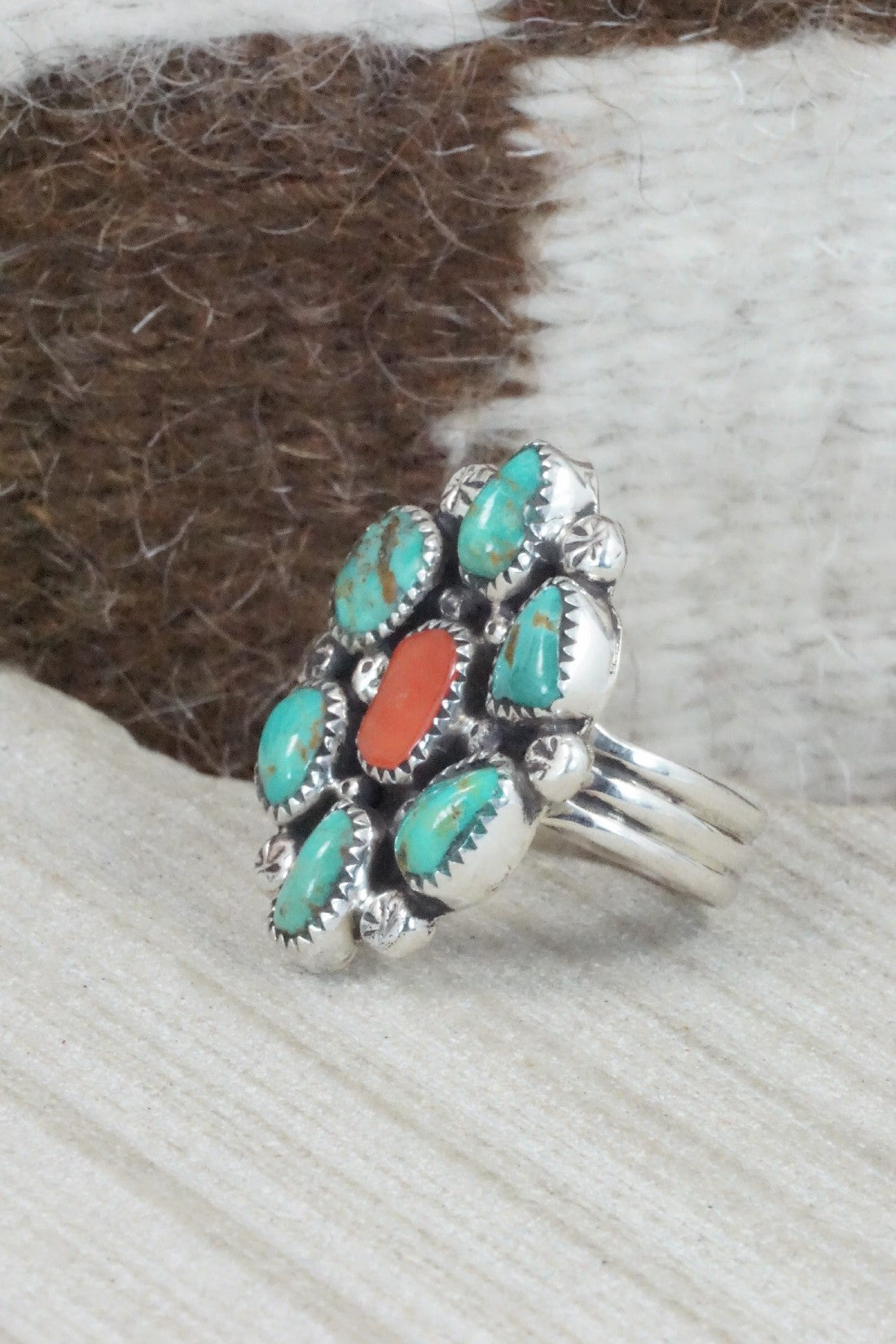 Turquoise, Coral & Sterling Silver Ring - Priscilla Reeder - Size 8.25