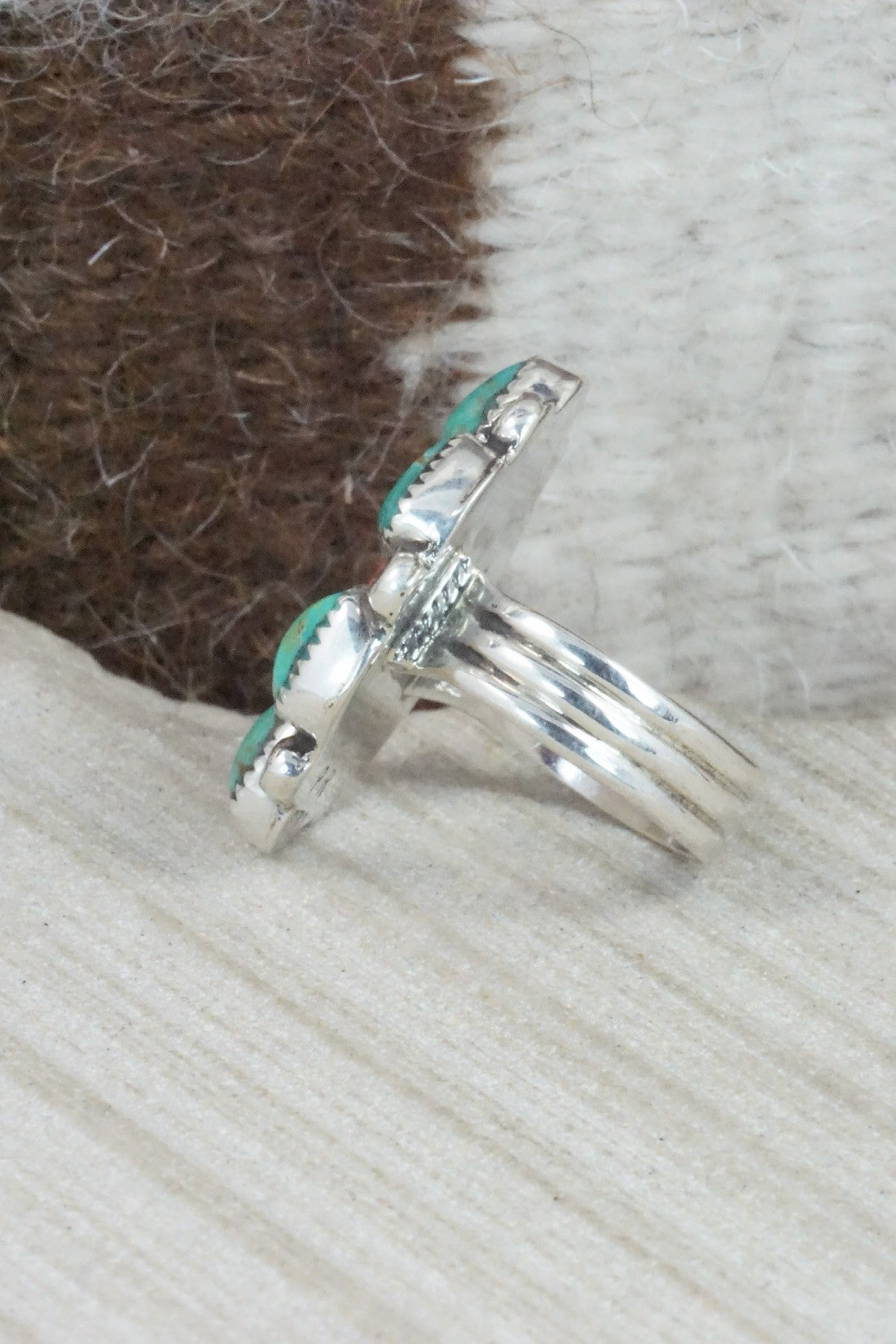 Turquoise, Coral & Sterling Silver Ring - Priscilla Reeder - Size 8.25