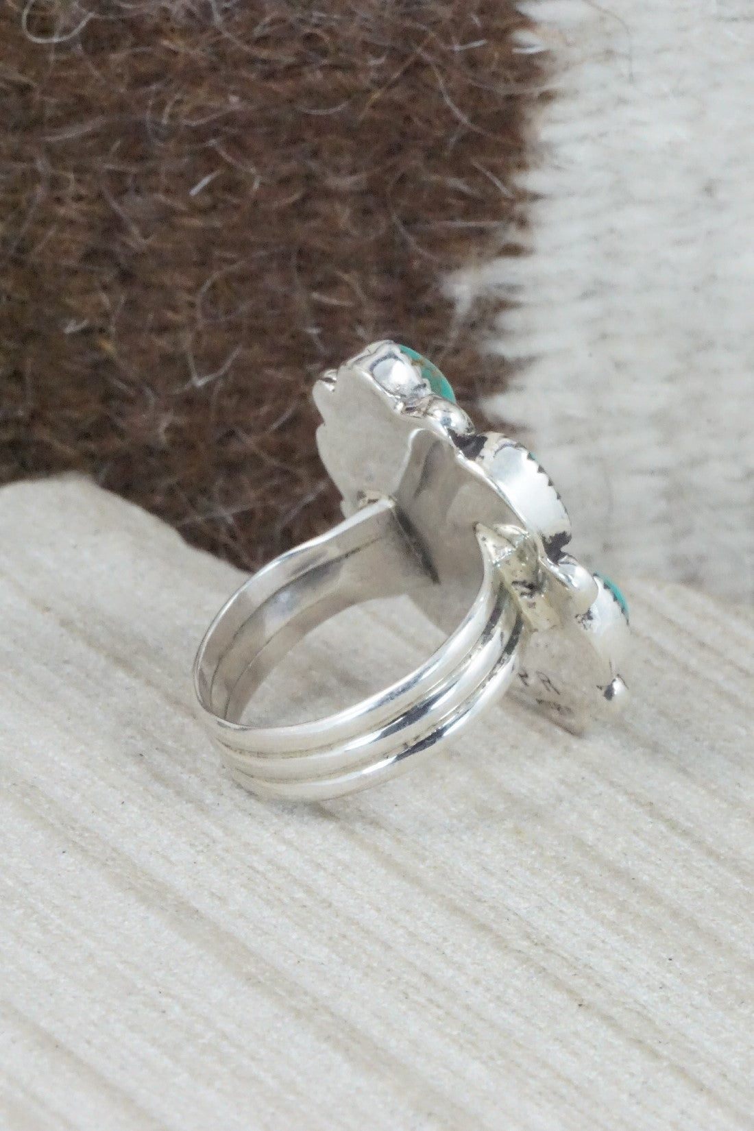 Turquoise, Coral & Sterling Silver Ring - Priscilla Reeder - Size 8.25