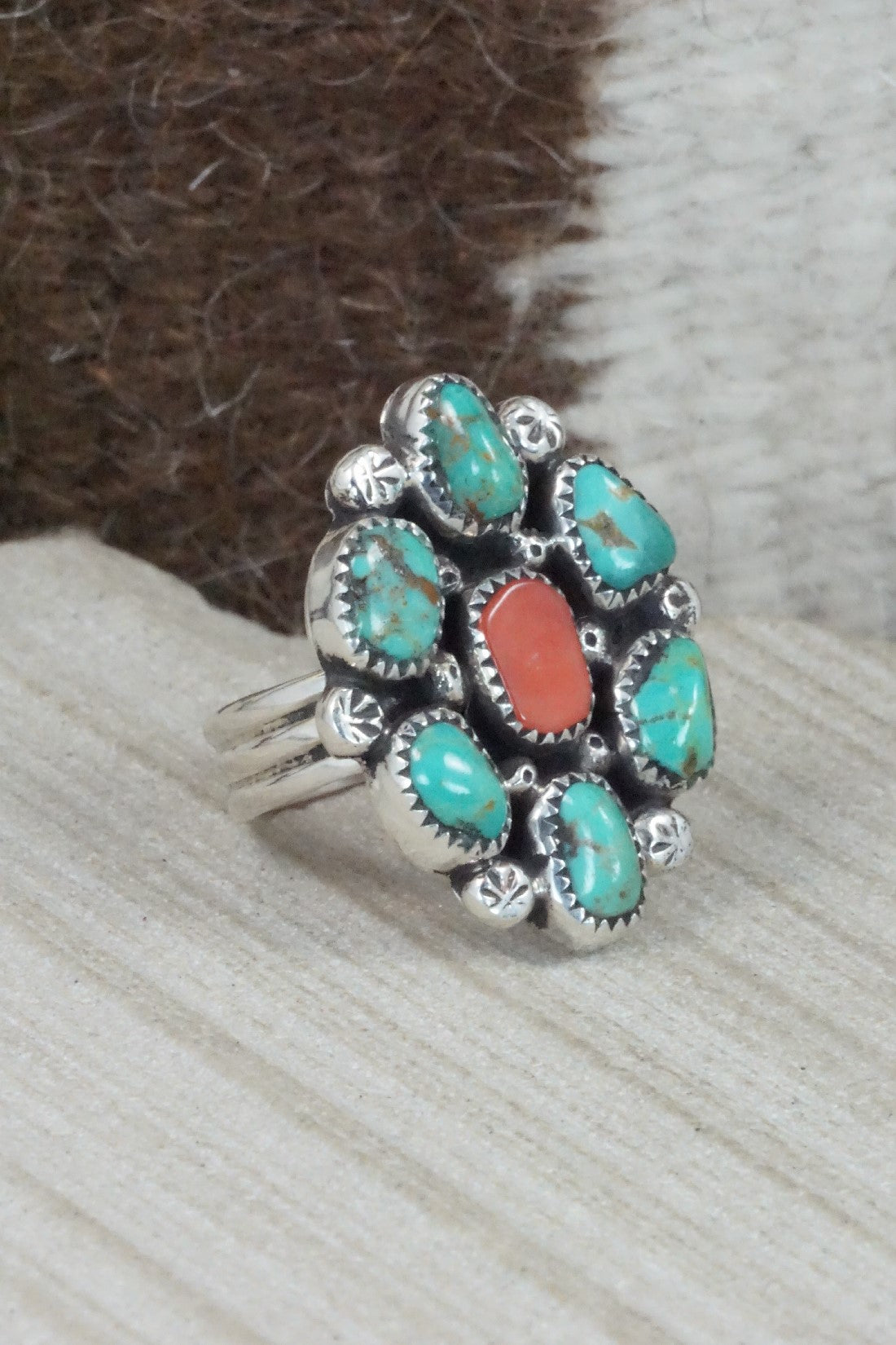 Turquoise, Coral & Sterling Silver Ring - Priscilla Reeder - Size 8.25