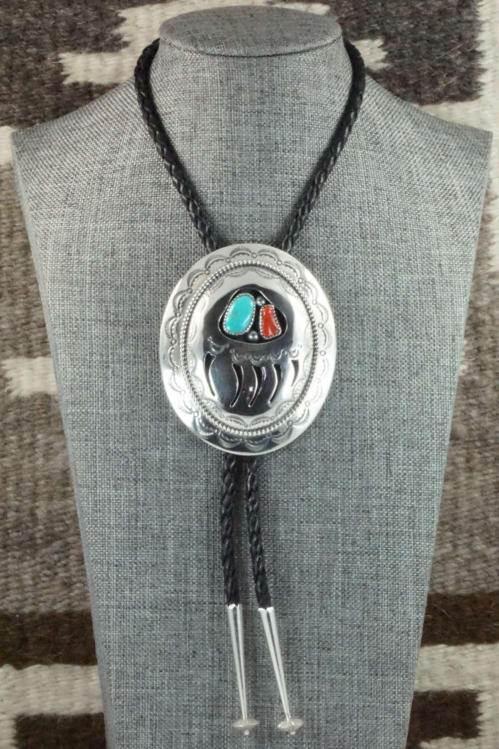 Turquoise, Coral & Sterling Silver Bolo Tie - Wilbert Muskett Sr.