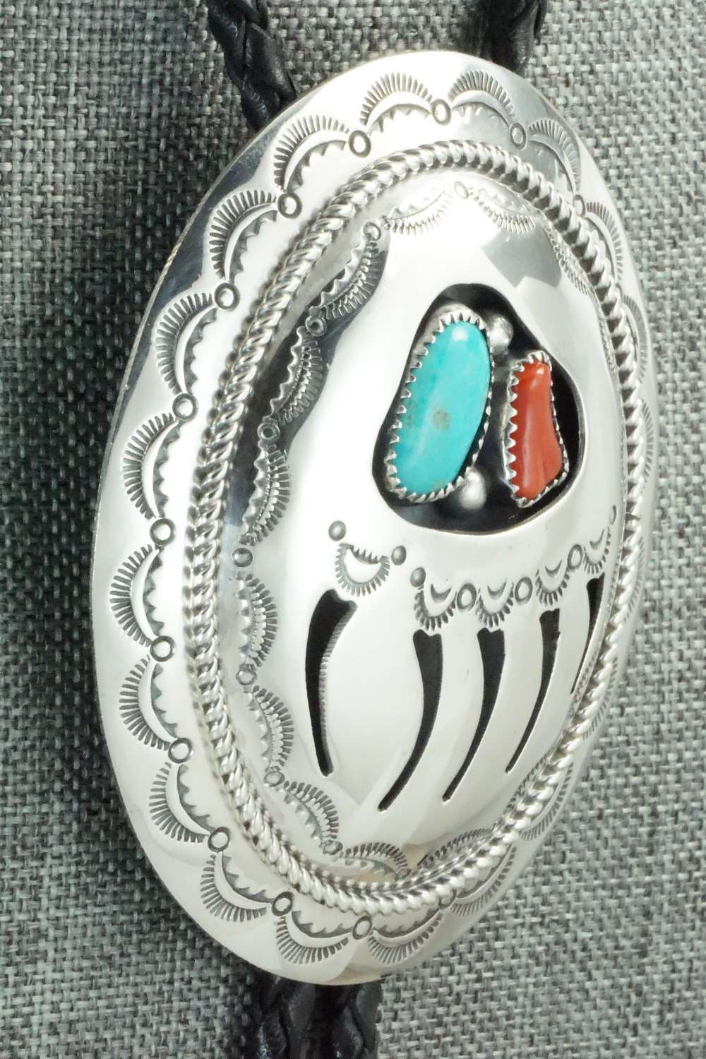 Turquoise, Coral & Sterling Silver Bolo Tie - Wilbert Muskett Sr.