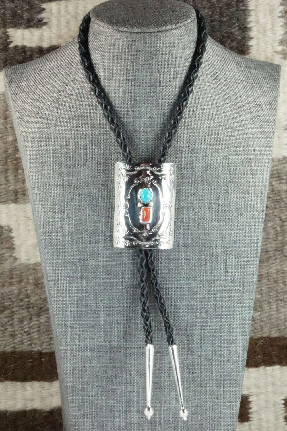 Turquoise, Coral & Sterling Silver Bolo Tie - Dale Morgan