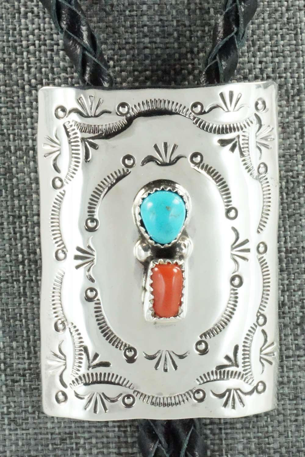 Turquoise, Coral & Sterling Silver Bolo Tie - Dale Morgan