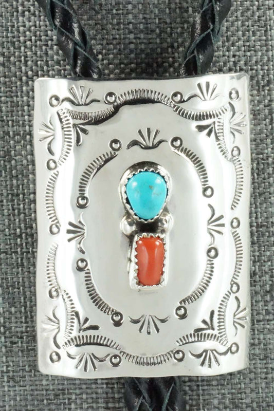 Turquoise, Coral & Sterling Silver Bolo Tie - Dale Morgan