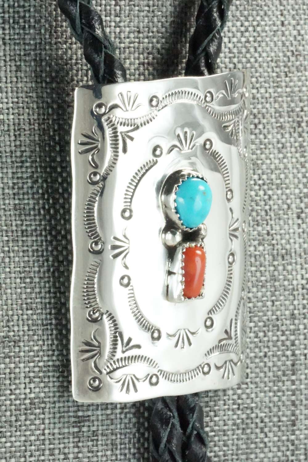 Turquoise, Coral & Sterling Silver Bolo Tie - Dale Morgan
