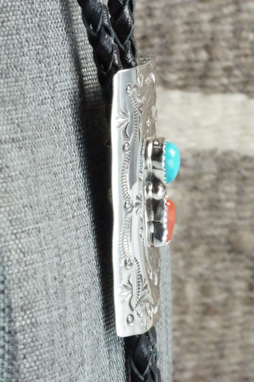 Turquoise, Coral & Sterling Silver Bolo Tie - Dale Morgan
