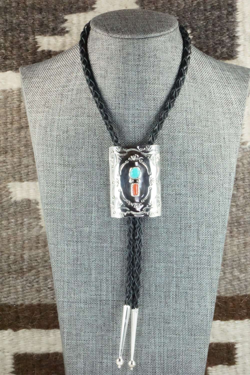 Turquoise, Coral & Sterling Silver Bolo Tie - Dale Morgan