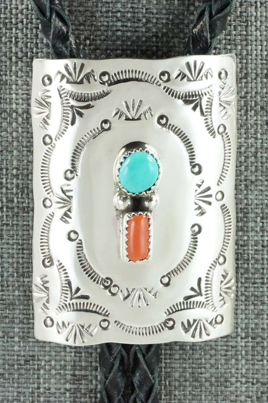 Turquoise, Coral & Sterling Silver Bolo Tie - Dale Morgan