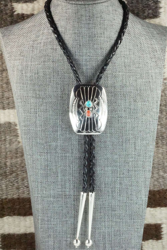 Turquoise, Coral & Sterling Silver Bolo Tie - Jolene Begay