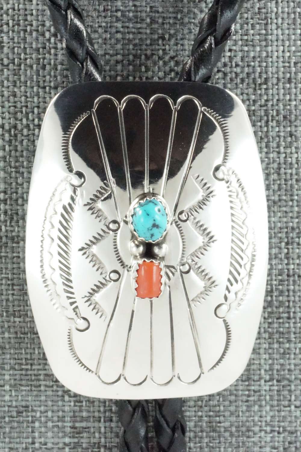 Turquoise, Coral & Sterling Silver Bolo Tie - Jolene Begay