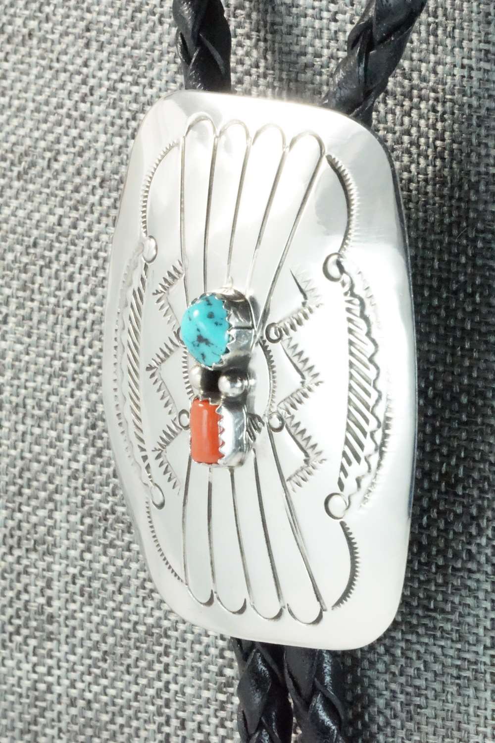 Turquoise, Coral & Sterling Silver Bolo Tie - Jolene Begay