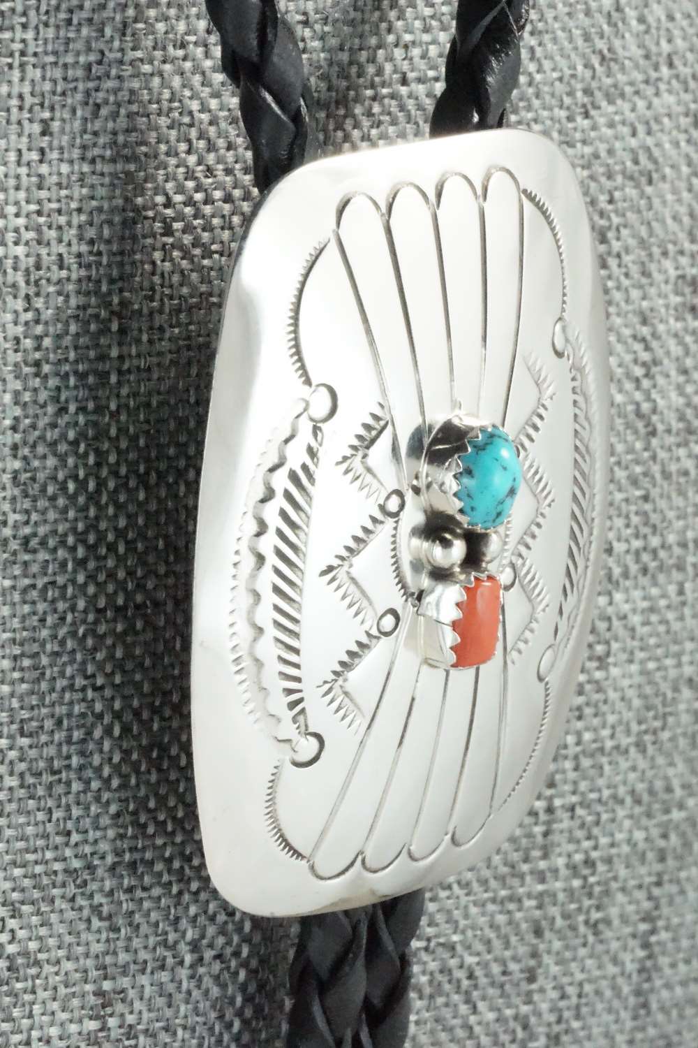 Turquoise, Coral & Sterling Silver Bolo Tie - Jolene Begay