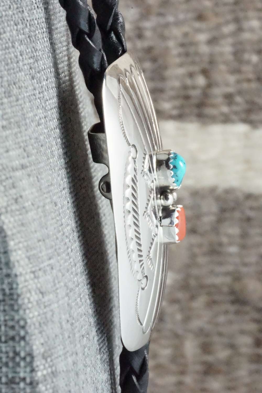 Turquoise, Coral & Sterling Silver Bolo Tie - Jolene Begay