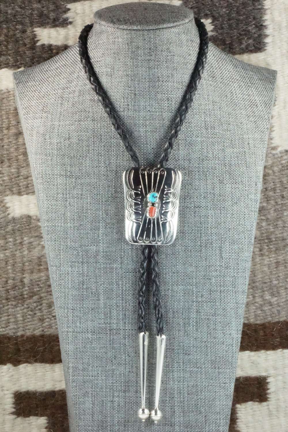 Turquoise, Coral & Sterling Silver Bolo Tie - Jolene Begay