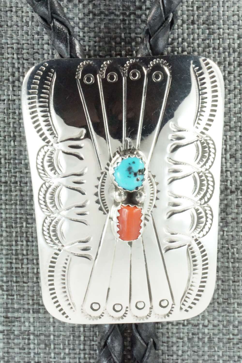 Turquoise, Coral & Sterling Silver Bolo Tie - Jolene Begay