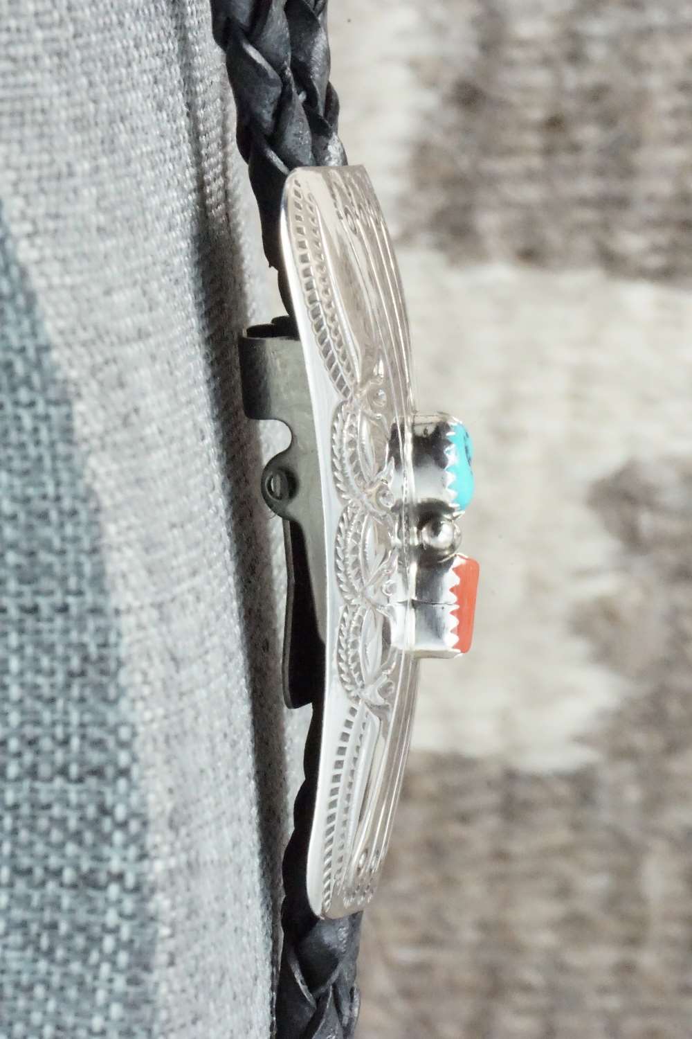 Turquoise, Coral & Sterling Silver Bolo Tie - Jolene Begay