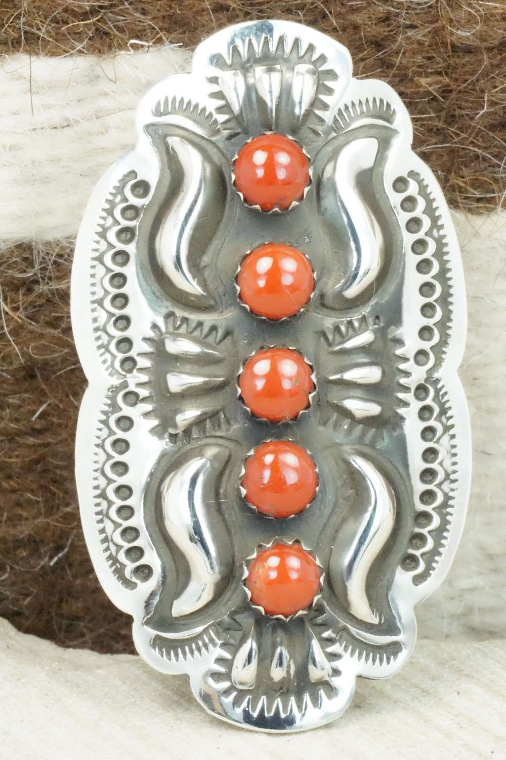 Coral & Sterling Silver Ring - Leander Tahe - Size 9