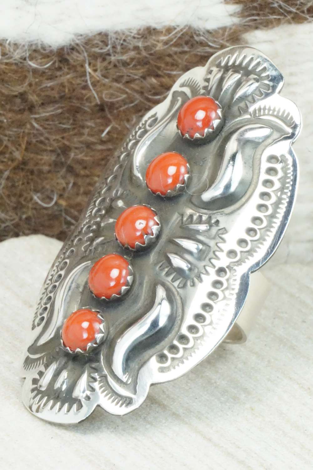 Coral & Sterling Silver Ring - Leander Tahe - Size 9