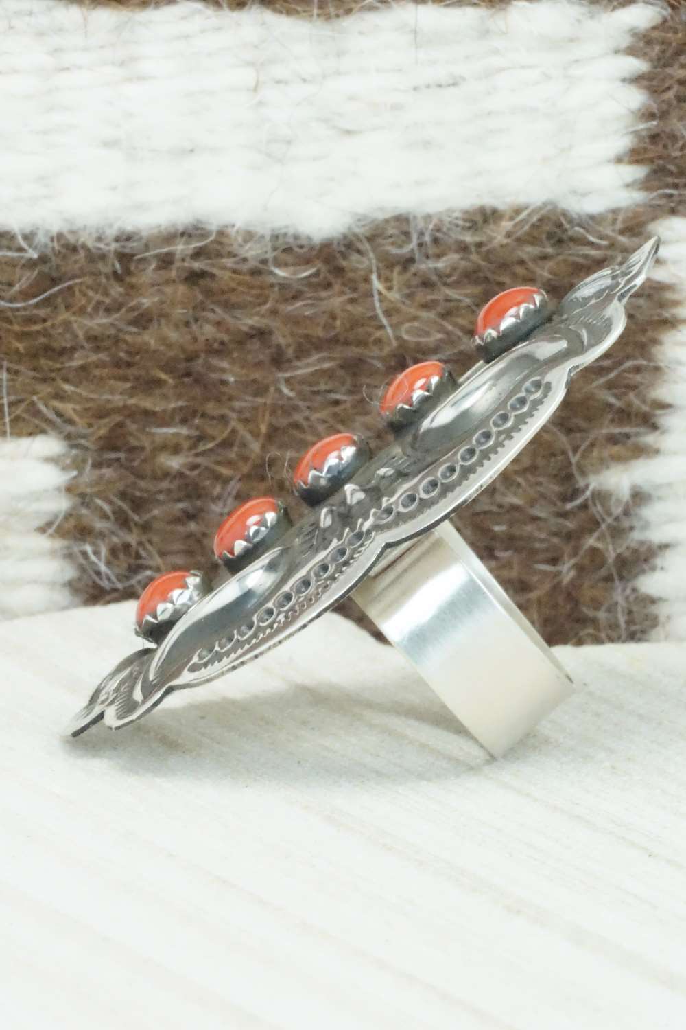 Coral & Sterling Silver Ring - Leander Tahe - Size 9