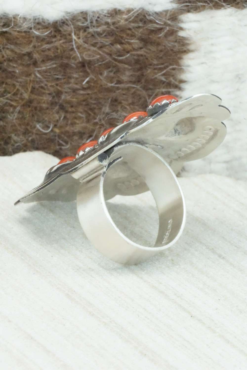 Coral & Sterling Silver Ring - Leander Tahe - Size 9