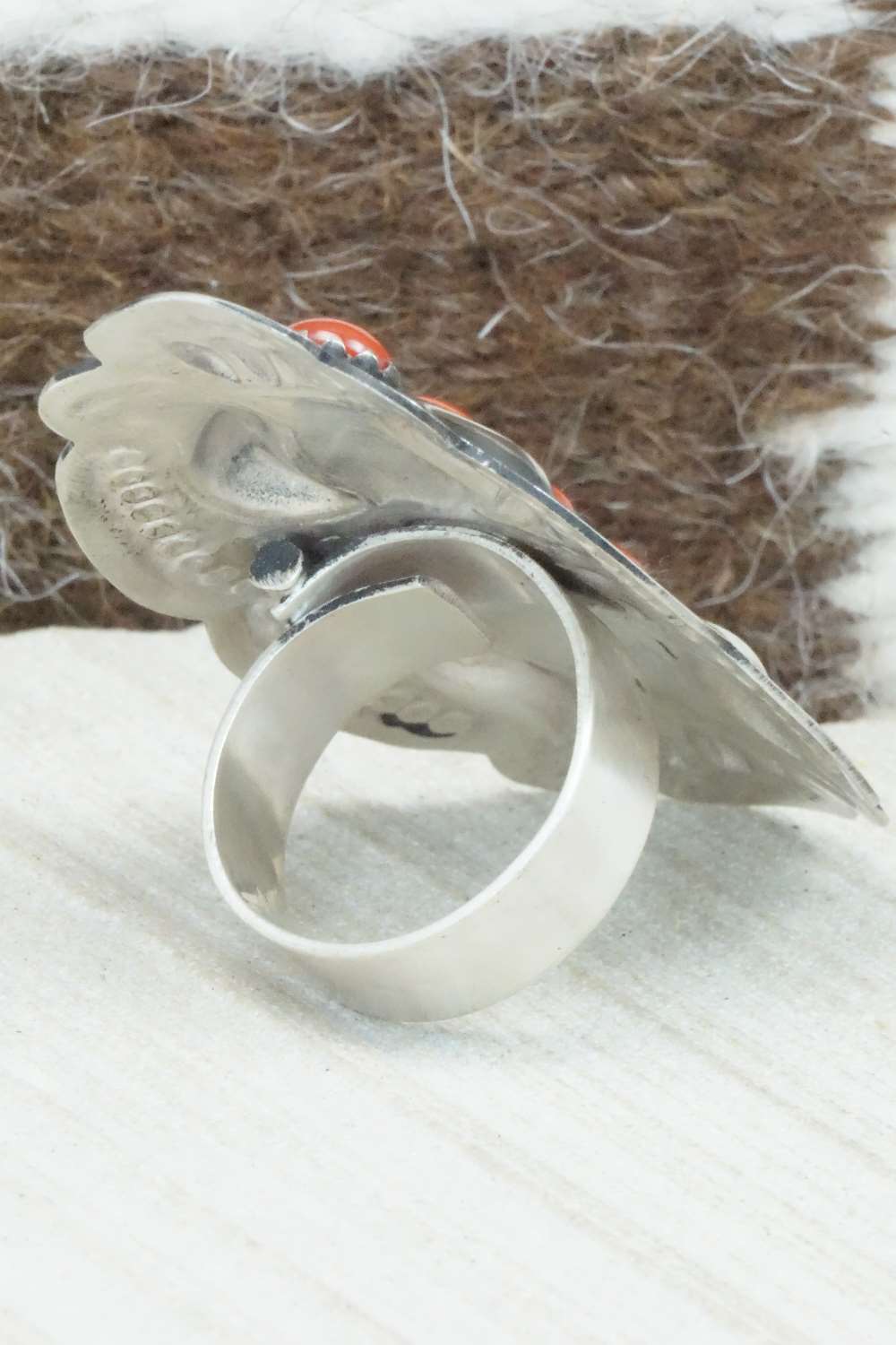 Coral & Sterling Silver Ring - Leander Tahe - Size 9