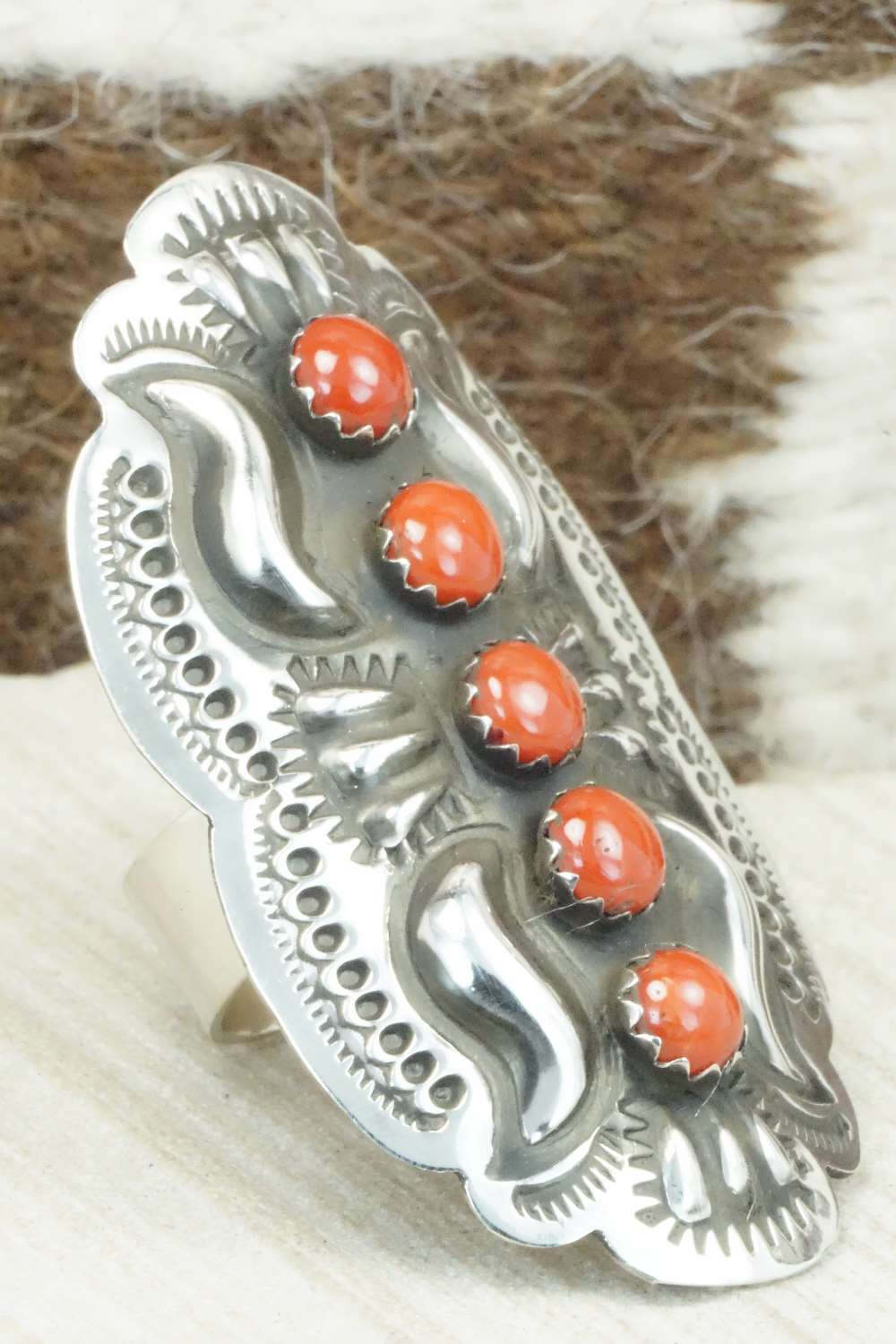 Coral & Sterling Silver Ring - Leander Tahe - Size 9