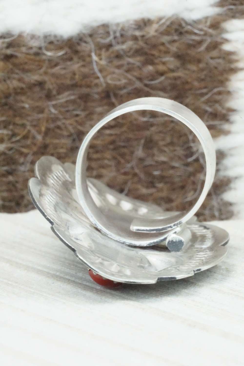 Coral & Sterling Silver Ring - Leander Tahe - Size 9