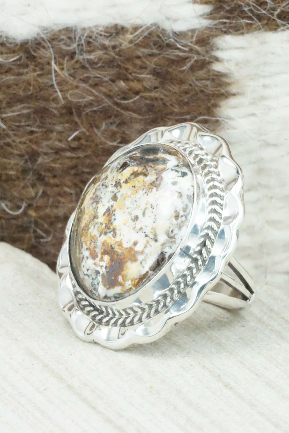 White Buffalo & Sterling Silver Ring - Samuel Yellowhair - Size 6.75