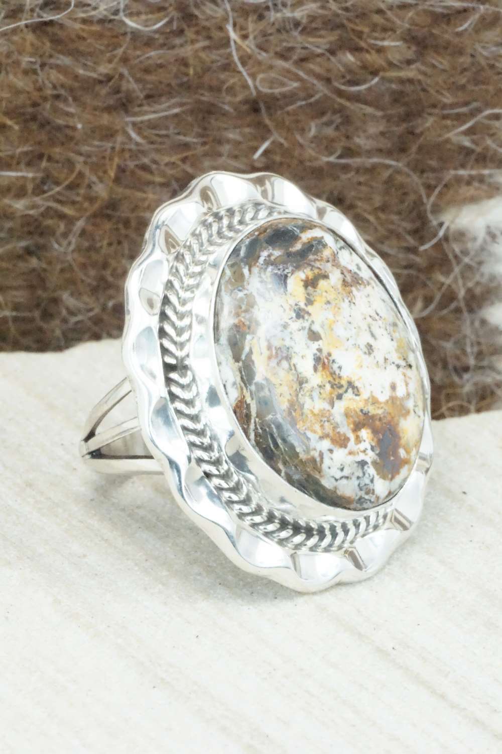 White Buffalo & Sterling Silver Ring - Samuel Yellowhair - Size 6.75