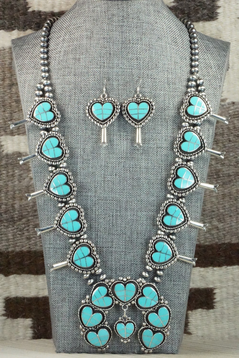 Turquoise & Sterling Silver Squash Blossom Necklace and Earrings - Faye Lowsayatee