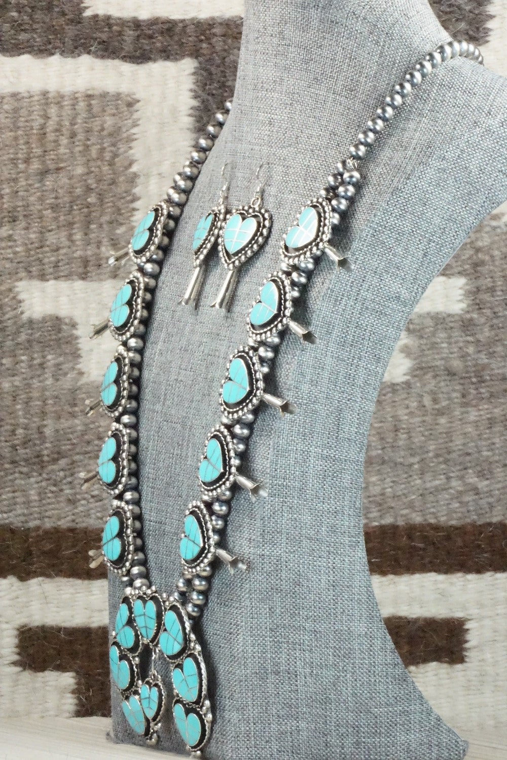 Turquoise & Sterling Silver Squash Blossom Necklace and Earrings - Faye Lowsayatee