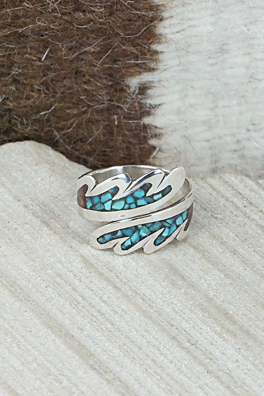 Turquoise, Coral & Sterling Silver Ring - Jolene Yazzie - Size 7.5